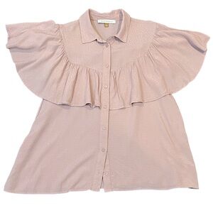 DOWNEAST blouse size large ruffle button down dusty pink flowy
